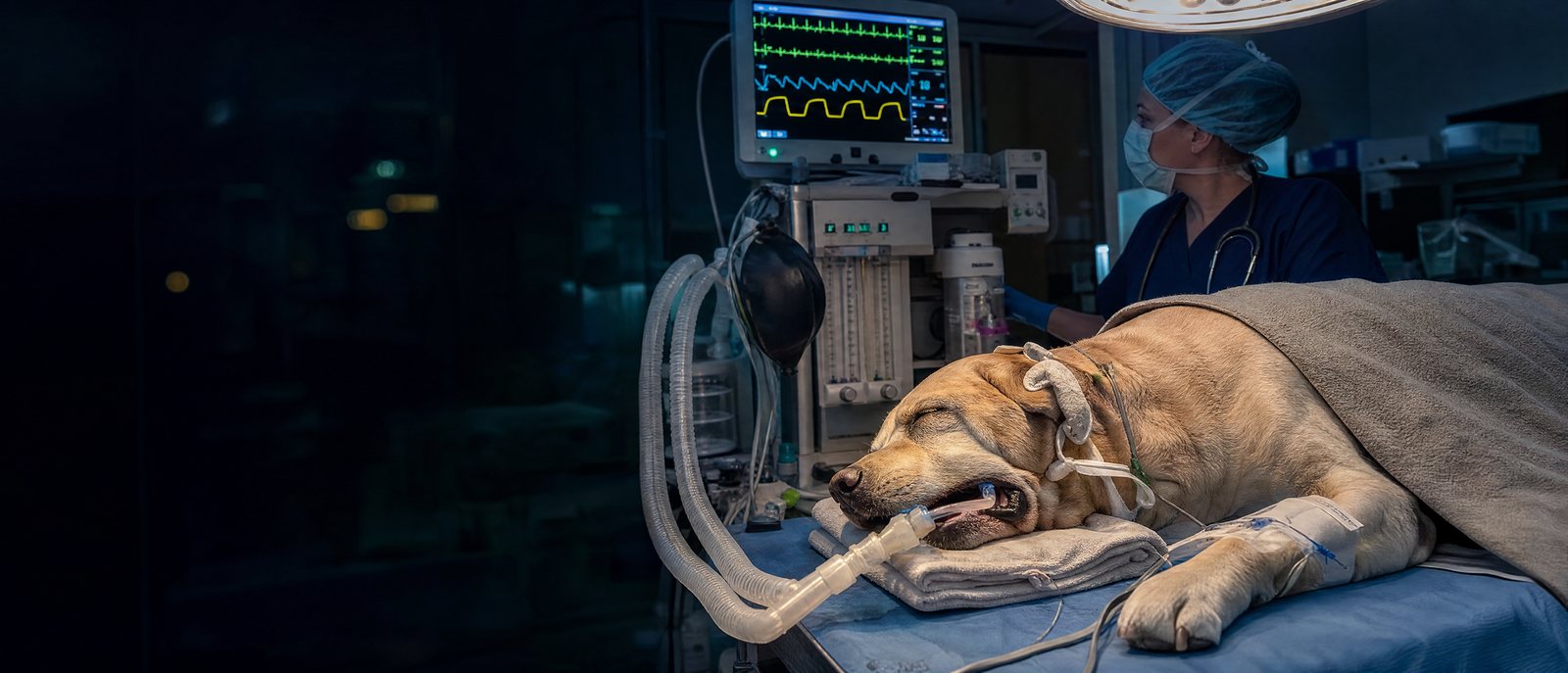Anesthetized dog intubated on the operating table while an anesthetist watches the monitor