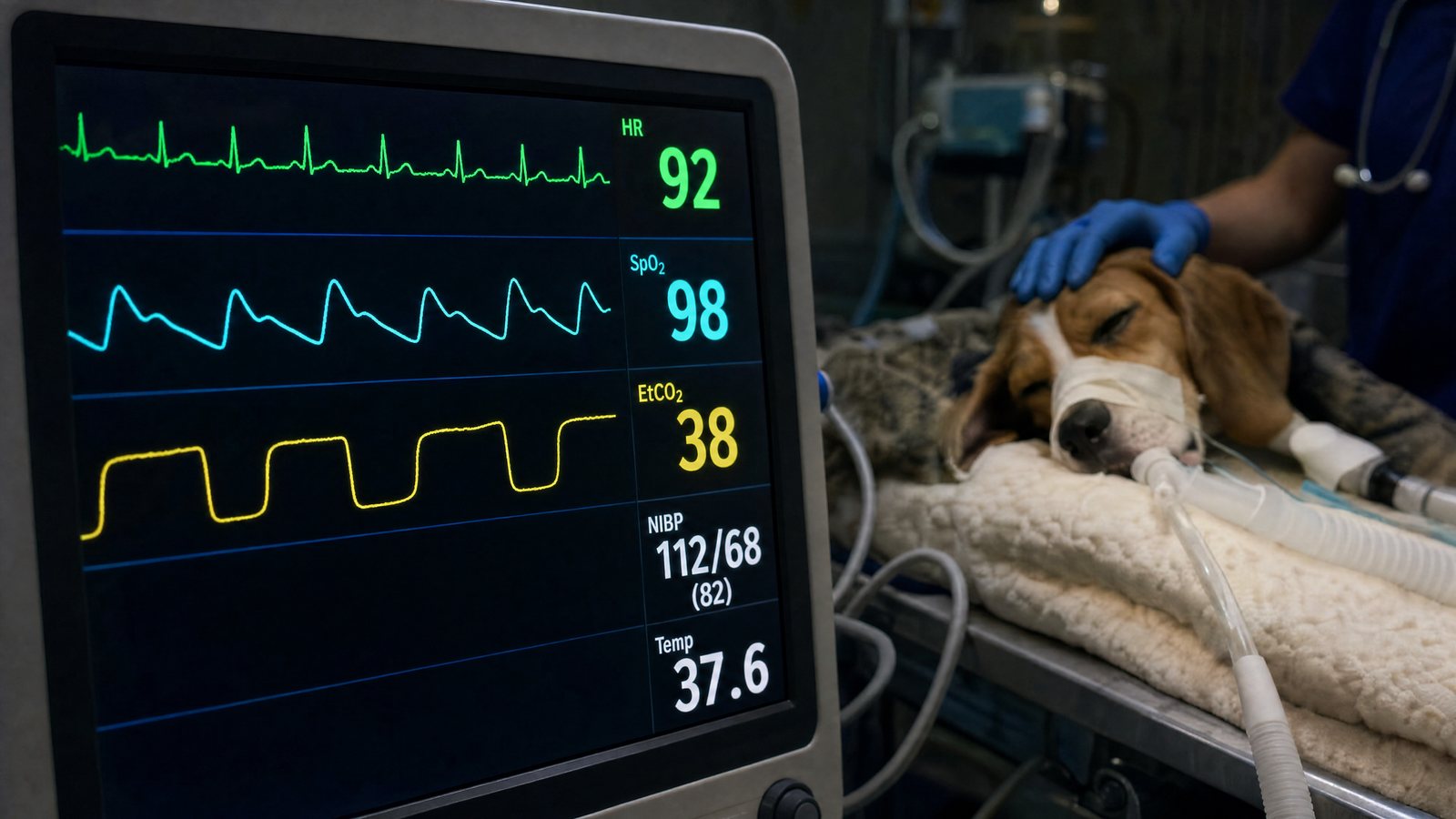 Multiparameter anesthesia monitor beside an anesthetized dog