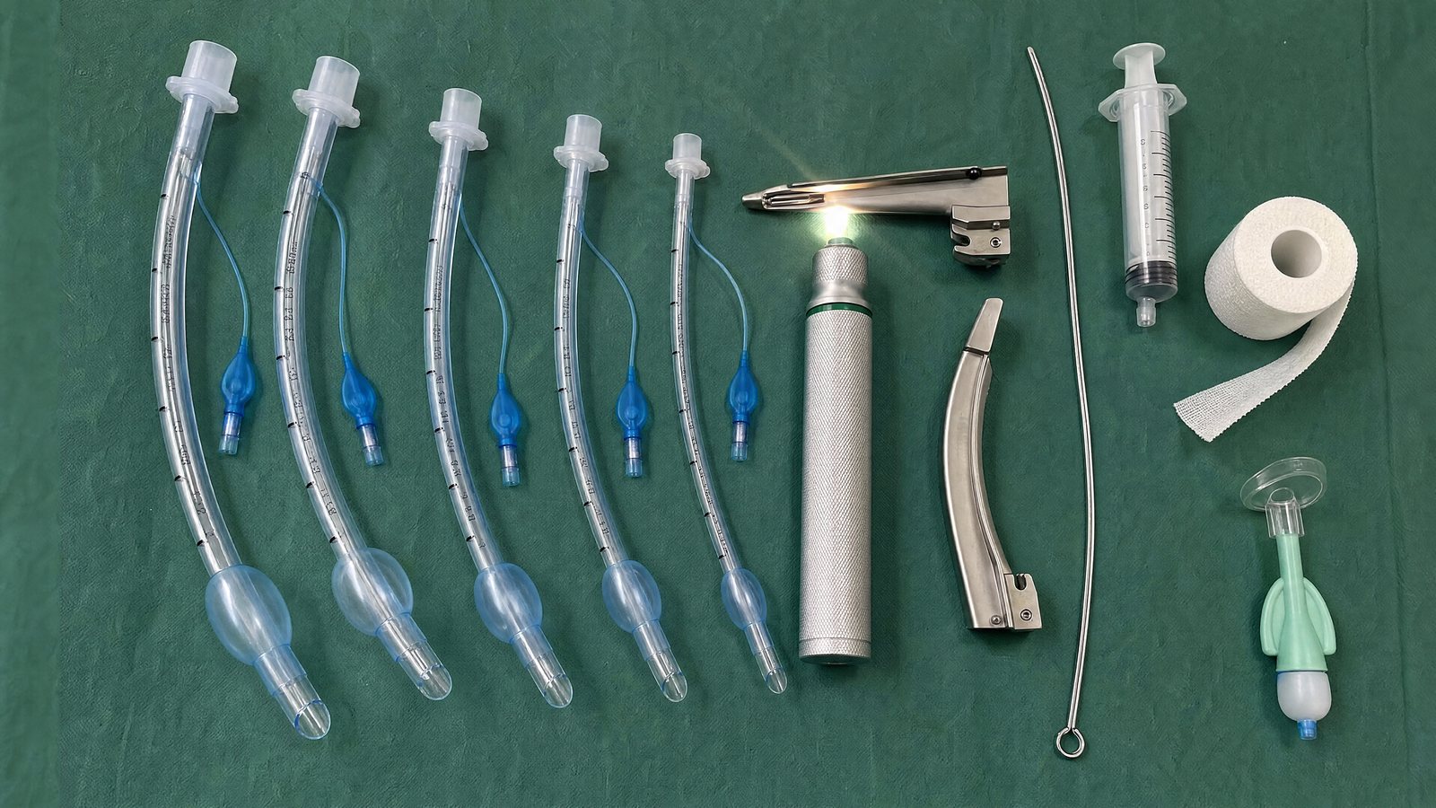 Intubation kit laid out next to the anesthetic machine
